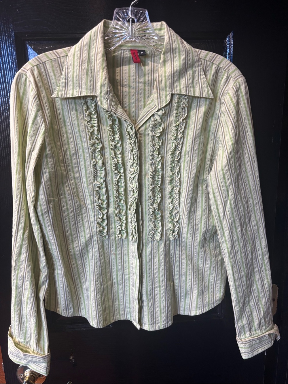 FRIENDS Light Green Striped Ruffle Button-Down Shirt
